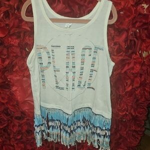 Self Esteem Girls White Peace Tank Top with Blue Fringe Size Large LIKE NEW